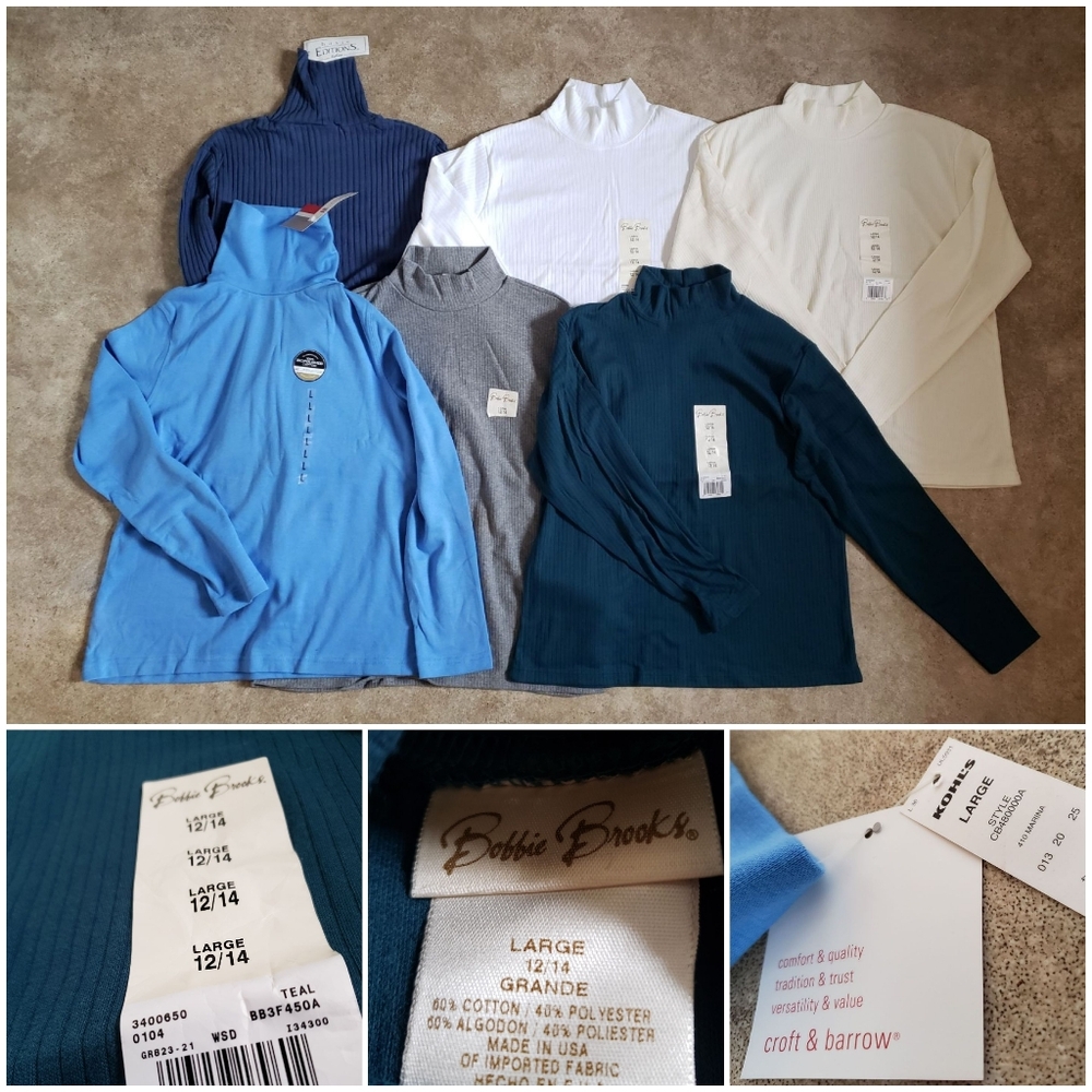 Bobbie Brooks Ribbed Mock Neck Tops - Multi Blue, Teal, Gray, White, Cream